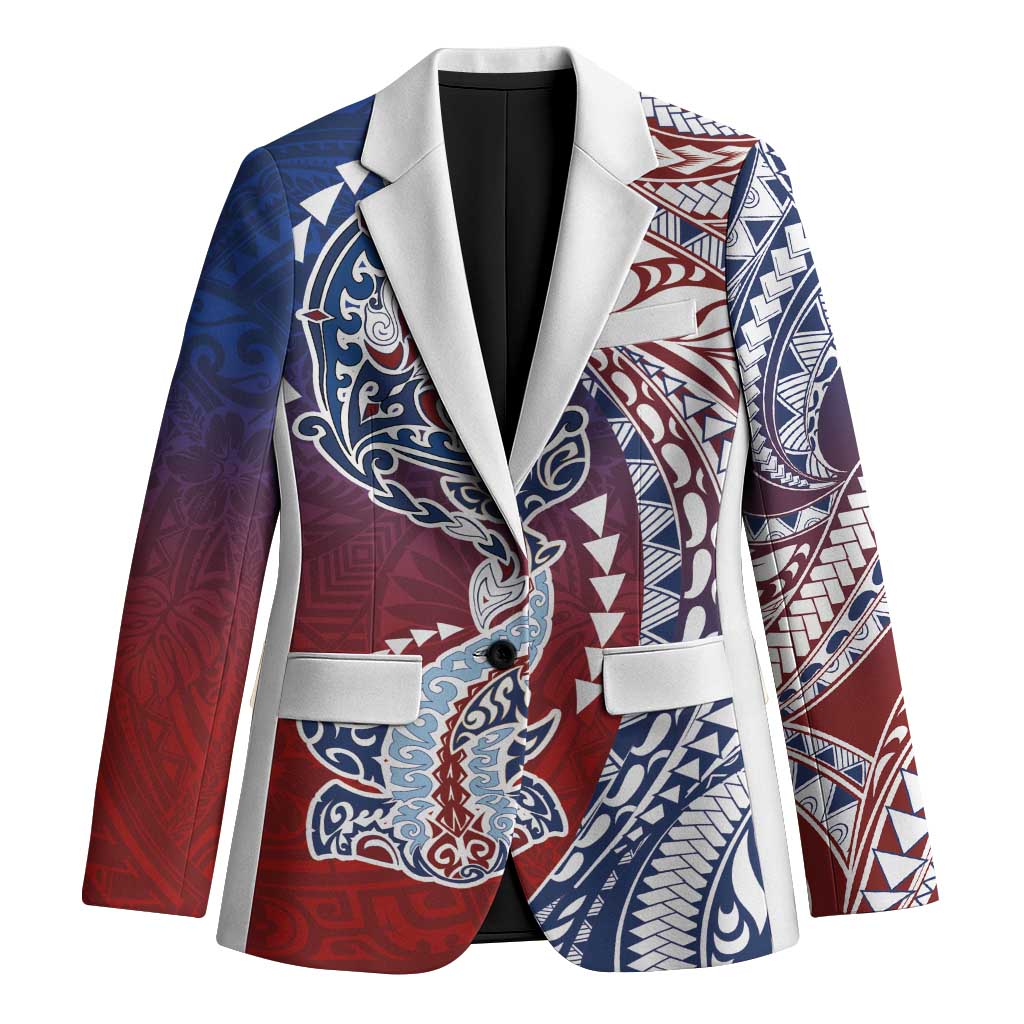 Hawaiian Manta Ray and Hammerhead Shark Tribal Tattoo Blazer with Polynesian Tribal Pattern Hawaii Flag Color