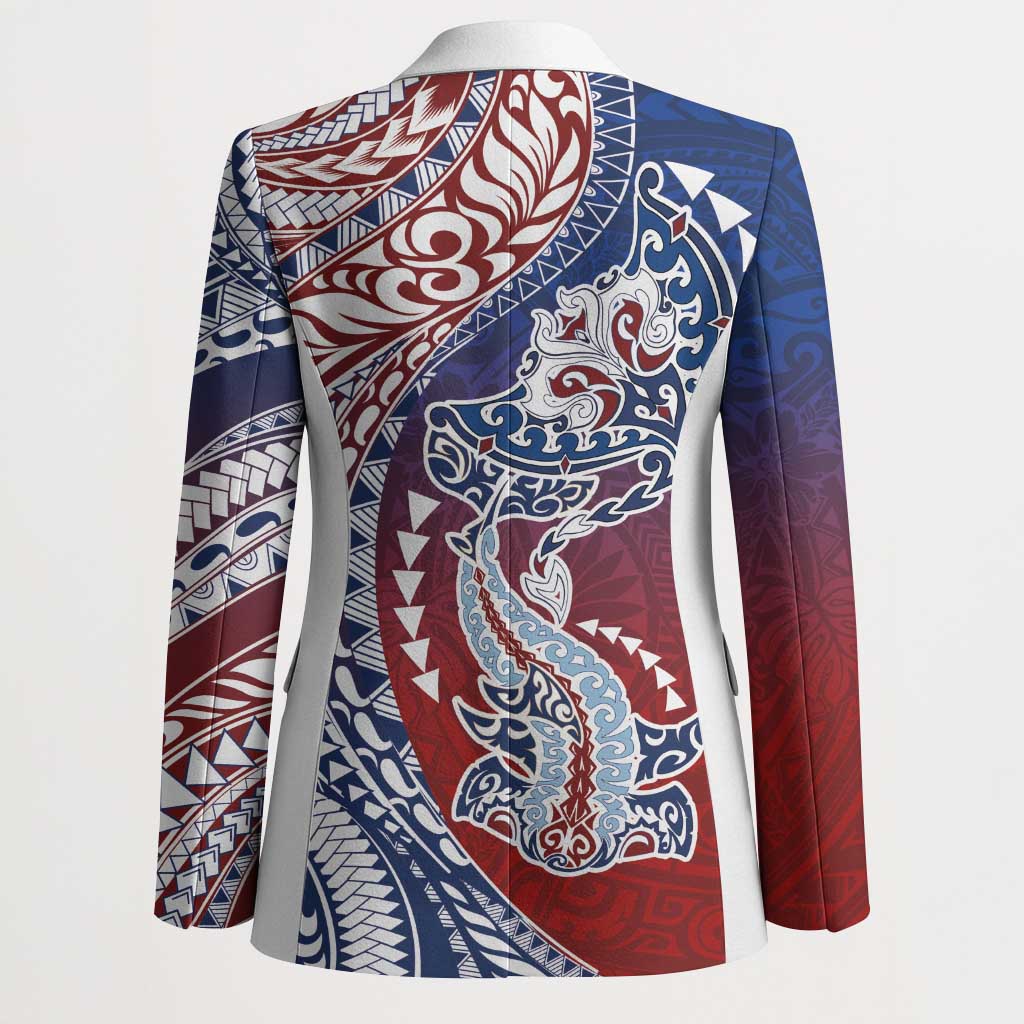 Hawaiian Manta Ray and Hammerhead Shark Tribal Tattoo Blazer with Polynesian Tribal Pattern Hawaii Flag Color