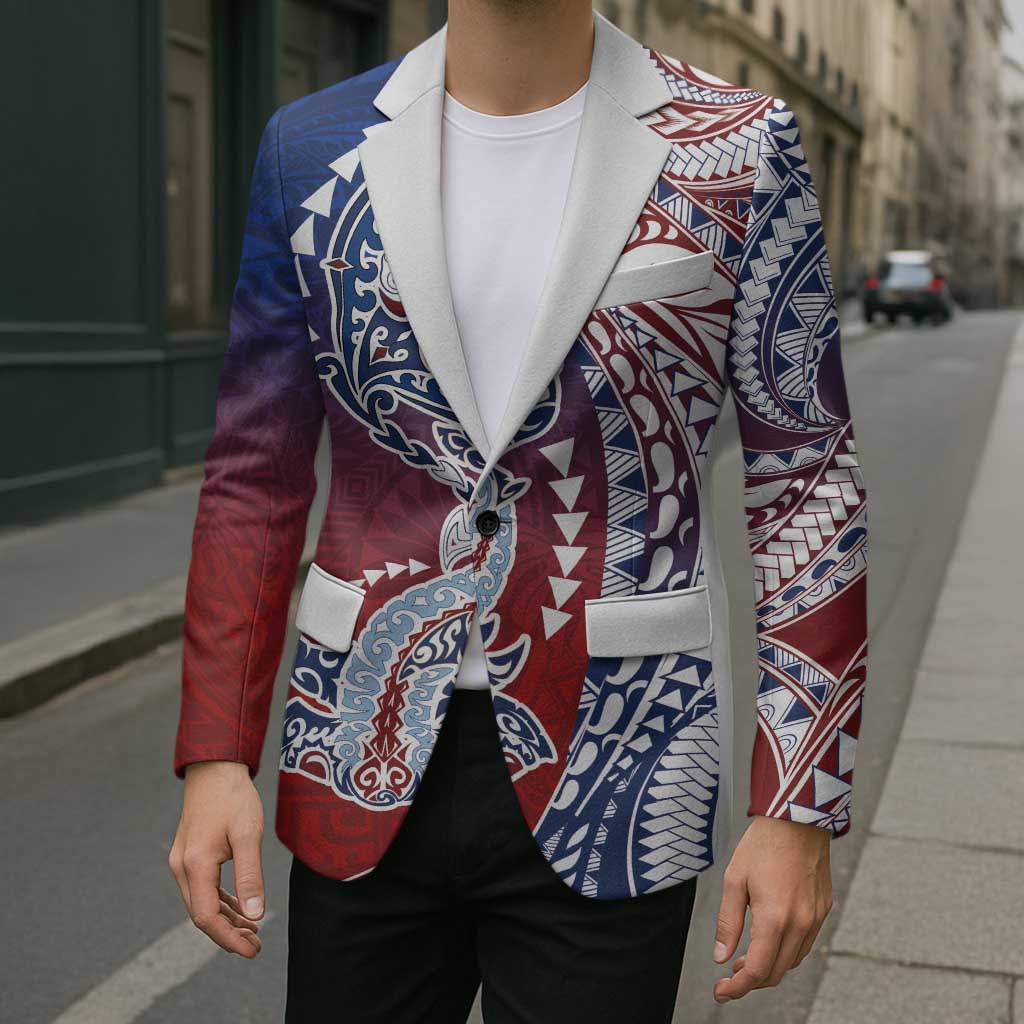 Hawaiian Manta Ray and Hammerhead Shark Tribal Tattoo Blazer with Polynesian Tribal Pattern Hawaii Flag Color