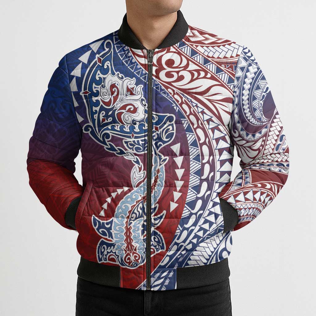 Hawaiian Manta Ray and Hammerhead Shark Tribal Tattoo Bomber Puffer Jacket with Polynesian Tribal Pattern Hawaii Flag Color