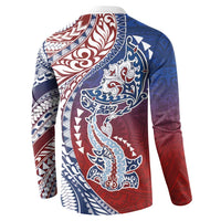 Hawaiian Manta Ray and Hammerhead Shark Tribal Tattoo Button Sweatshirt with Polynesian Tribal Pattern Hawaii Flag Color