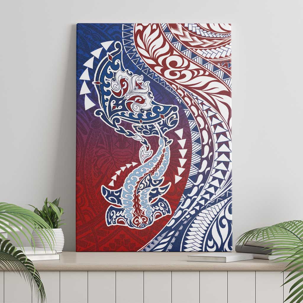 Hawaiian Manta Ray and Hammerhead Shark Tribal Tattoo Canvas Wall Art with Polynesian Tribal Pattern Hawaii Flag Color LT03 - Polynesian Pride