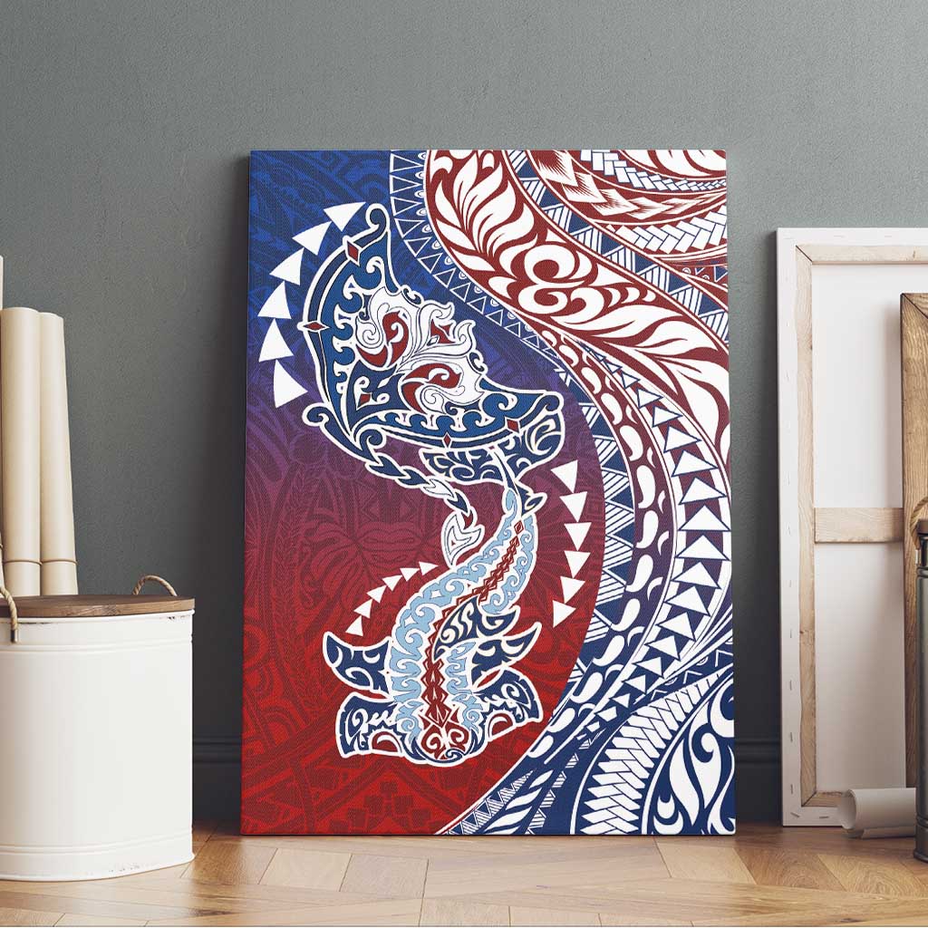 Hawaiian Manta Ray and Hammerhead Shark Tribal Tattoo Canvas Wall Art with Polynesian Tribal Pattern Hawaii Flag Color LT03 - Polynesian Pride