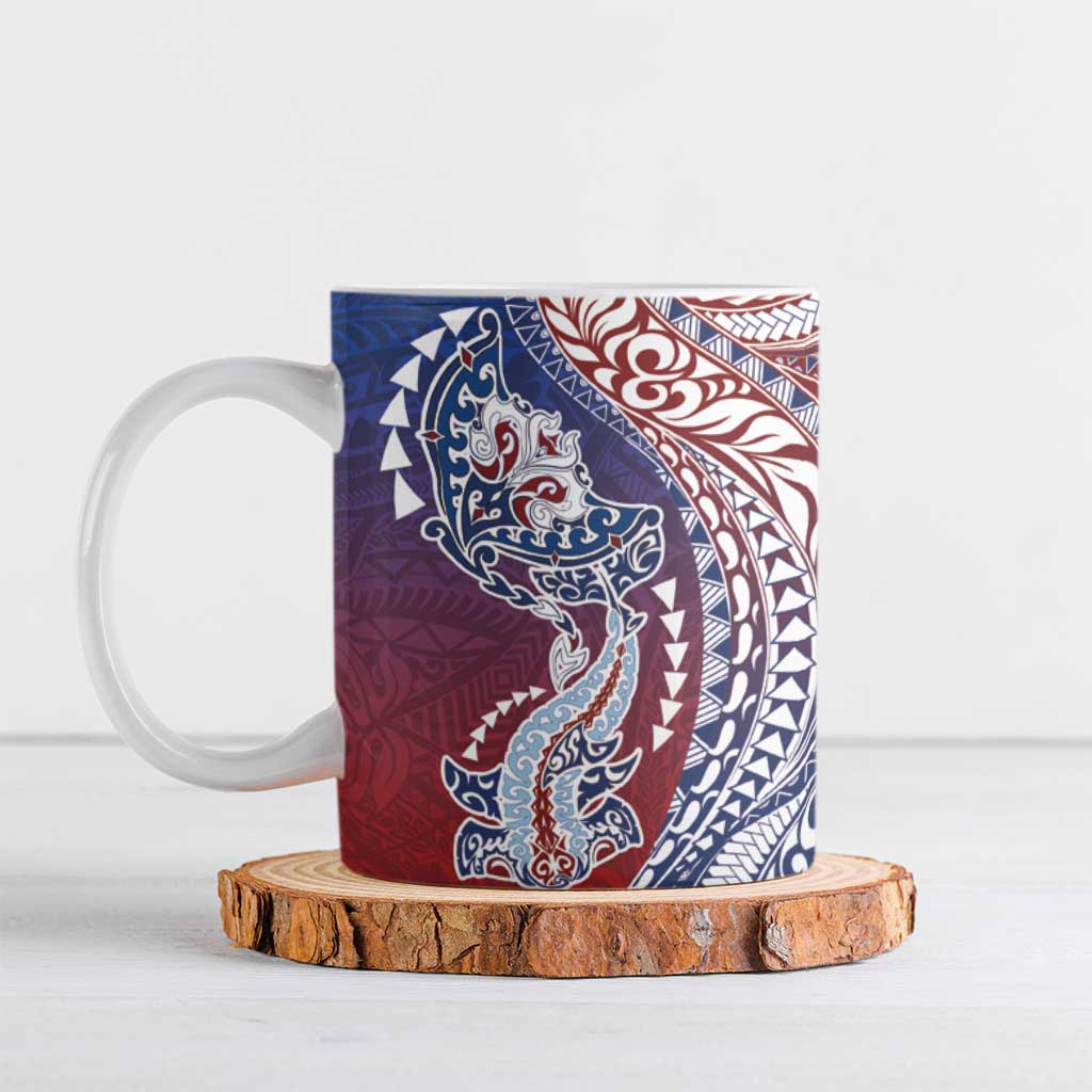 Hawaiian Manta Ray and Hammerhead Shark Tribal Tattoo Ceramic Mug with Polynesian Tribal Pattern Hawaii Flag Color