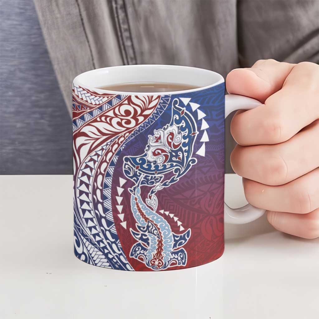 Hawaiian Manta Ray and Hammerhead Shark Tribal Tattoo Ceramic Mug with Polynesian Tribal Pattern Hawaii Flag Color
