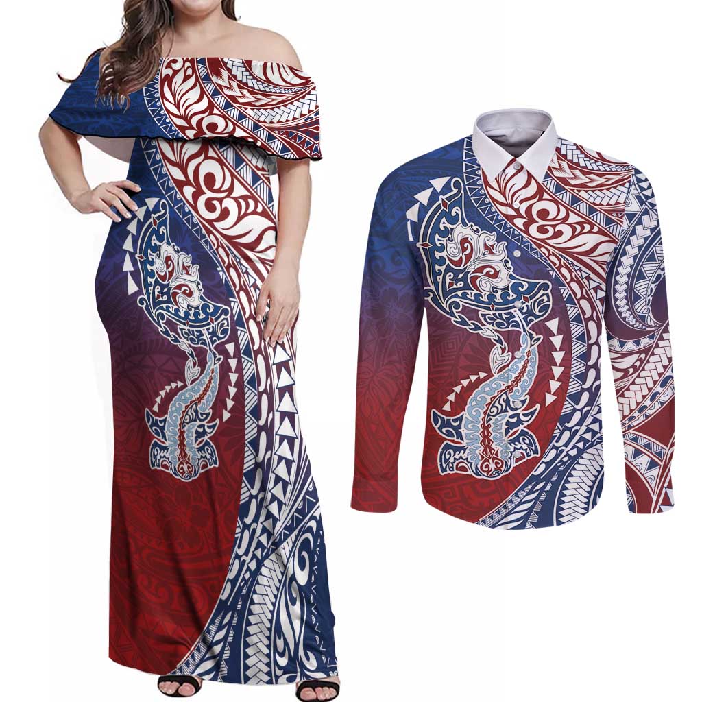 Hawaiian Manta Ray and Hammerhead Shark Tribal Tattoo Couples Matching Off Shoulder Maxi Dress and Long Sleeve Button Shirt with Polynesian Tribal Pattern Hawaii Flag Color