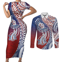 Hawaiian Manta Ray and Hammerhead Shark Tribal Tattoo Couples Matching Short Sleeve Bodycon Dress and Long Sleeve Button Shirt with Polynesian Tribal Pattern Hawaii Flag Color LT03 Multicolor - Polynesian Pride