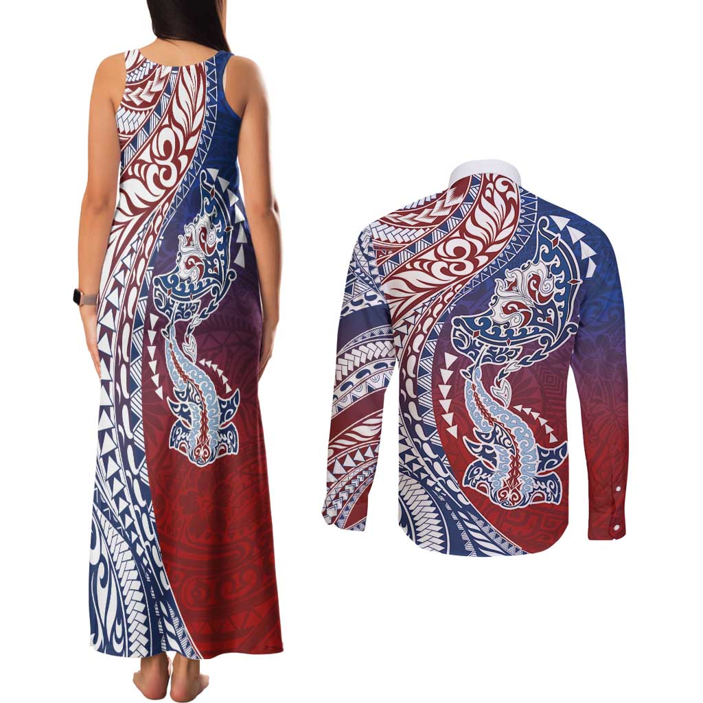 Hawaiian Manta Ray and Hammerhead Shark Tribal Tattoo Couples Matching Tank Maxi Dress and Long Sleeve Button Shirt with Polynesian Tribal Pattern Hawaii Flag Color LT03 - Polynesian Pride