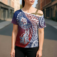 Hawaiian Manta Ray and Hammerhead Shark Tribal Tattoo Cross Shoulder Shirt with Polynesian Tribal Pattern Hawaii Flag Color LT03 - Polynesian Pride