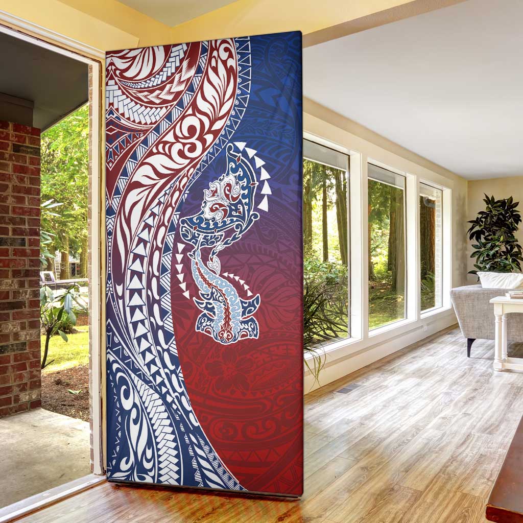 Hawaiian Manta Ray and Hammerhead Shark Tribal Tattoo Door Cover with Polynesian Tribal Pattern Hawaii Flag Color LT03 - Polynesian Pride