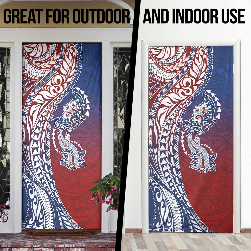 Hawaiian Manta Ray and Hammerhead Shark Tribal Tattoo Door Cover with Polynesian Tribal Pattern Hawaii Flag Color LT03 - Polynesian Pride