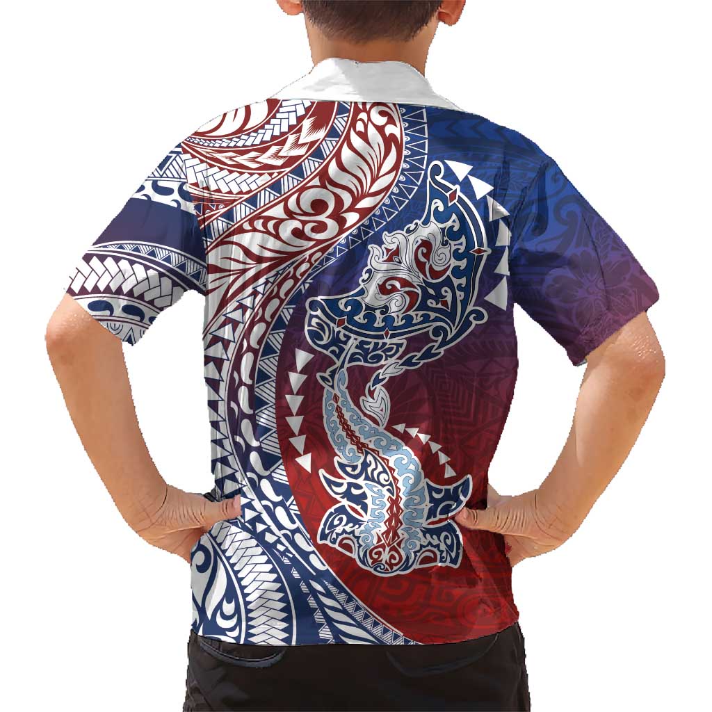 Hawaiian Manta Ray and Hammerhead Shark Tribal Tattoo Family Matching Long Sleeve Bodycon Dress and Hawaiian Shirt with Polynesian Tribal Pattern Hawaii Flag Color LT03 - Polynesian Pride