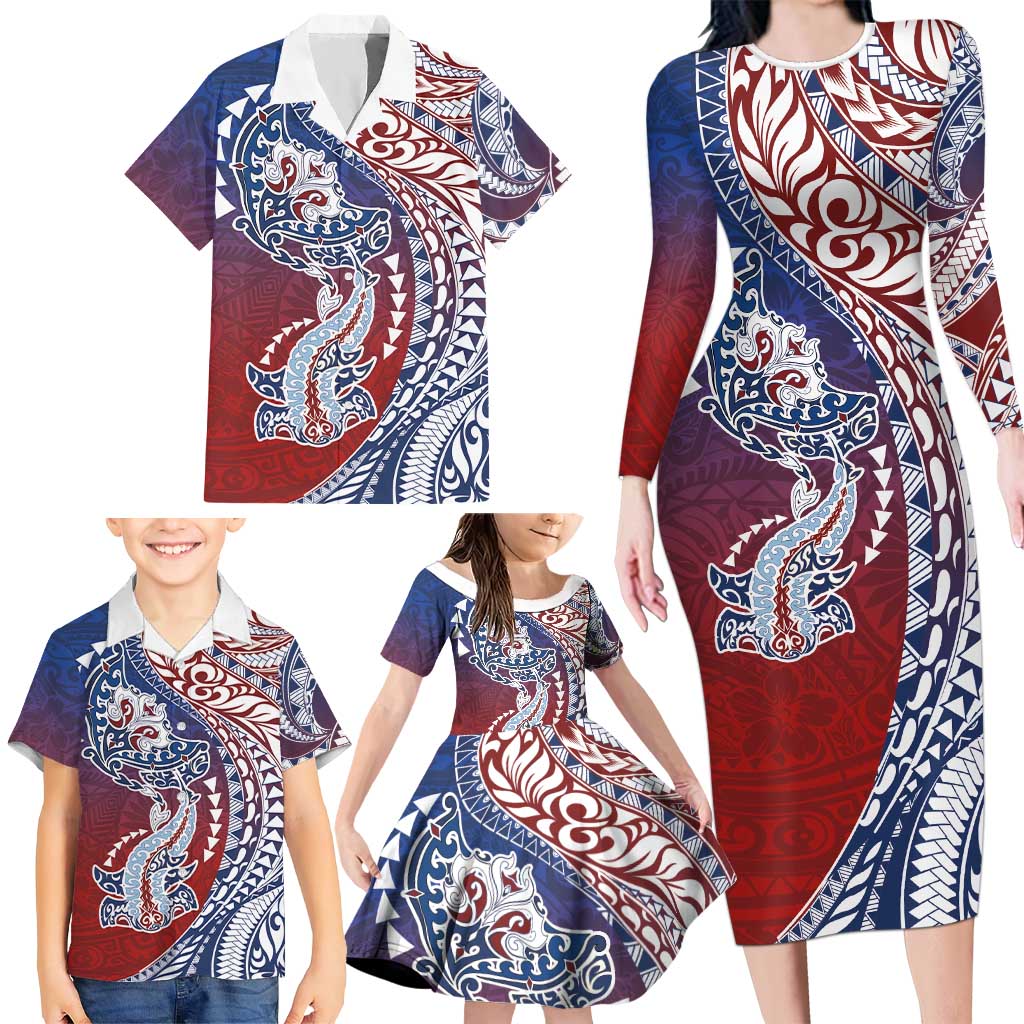 Hawaiian Manta Ray and Hammerhead Shark Tribal Tattoo Family Matching Long Sleeve Bodycon Dress and Hawaiian Shirt with Polynesian Tribal Pattern Hawaii Flag Color