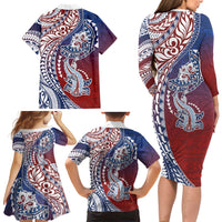Hawaiian Manta Ray and Hammerhead Shark Tribal Tattoo Family Matching Long Sleeve Bodycon Dress and Hawaiian Shirt with Polynesian Tribal Pattern Hawaii Flag Color LT03 - Polynesian Pride