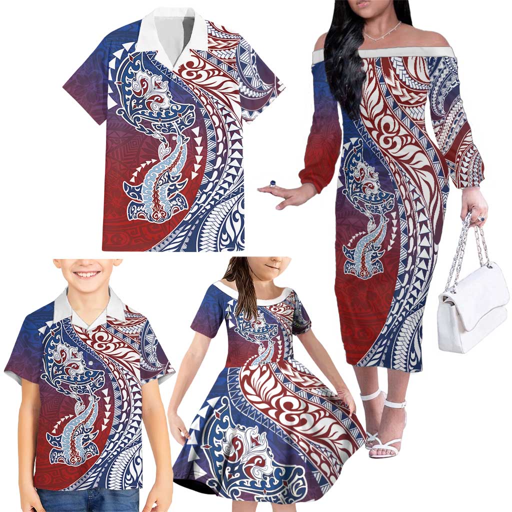 Hawaiian Manta Ray and Hammerhead Shark Tribal Tattoo Family Matching Off The Shoulder Long Sleeve Dress and Hawaiian Shirt with Polynesian Tribal Pattern Hawaii Flag Color LT03 - Polynesian Pride