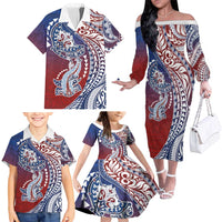Hawaiian Manta Ray and Hammerhead Shark Tribal Tattoo Family Matching Off The Shoulder Long Sleeve Dress and Hawaiian Shirt with Polynesian Tribal Pattern Hawaii Flag Color LT03 - Polynesian Pride