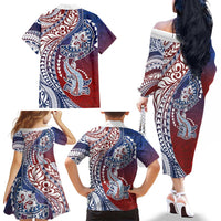 Hawaiian Manta Ray and Hammerhead Shark Tribal Tattoo Family Matching Off The Shoulder Long Sleeve Dress and Hawaiian Shirt with Polynesian Tribal Pattern Hawaii Flag Color LT03 - Polynesian Pride
