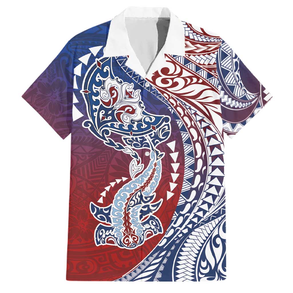 Hawaiian Manta Ray and Hammerhead Shark Tribal Tattoo Family Matching Off The Shoulder Long Sleeve Dress and Hawaiian Shirt with Polynesian Tribal Pattern Hawaii Flag Color LT03 Dad's Shirt - Short Sleeve Multicolor - Polynesian Pride