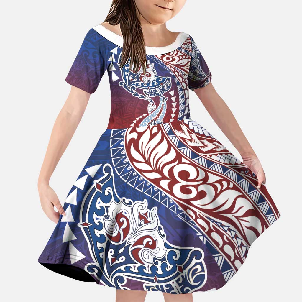 Hawaiian Manta Ray and Hammerhead Shark Tribal Tattoo Family Matching Off Shoulder Maxi Dress and Hawaiian Shirt with Polynesian Tribal Pattern Hawaii Flag Color LT03 Daughter's Dress Multicolor - Polynesian Pride