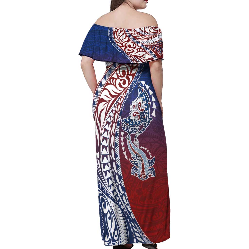 Hawaiian Manta Ray and Hammerhead Shark Tribal Tattoo Family Matching Off Shoulder Maxi Dress and Hawaiian Shirt with Polynesian Tribal Pattern Hawaii Flag Color LT03 - Polynesian Pride