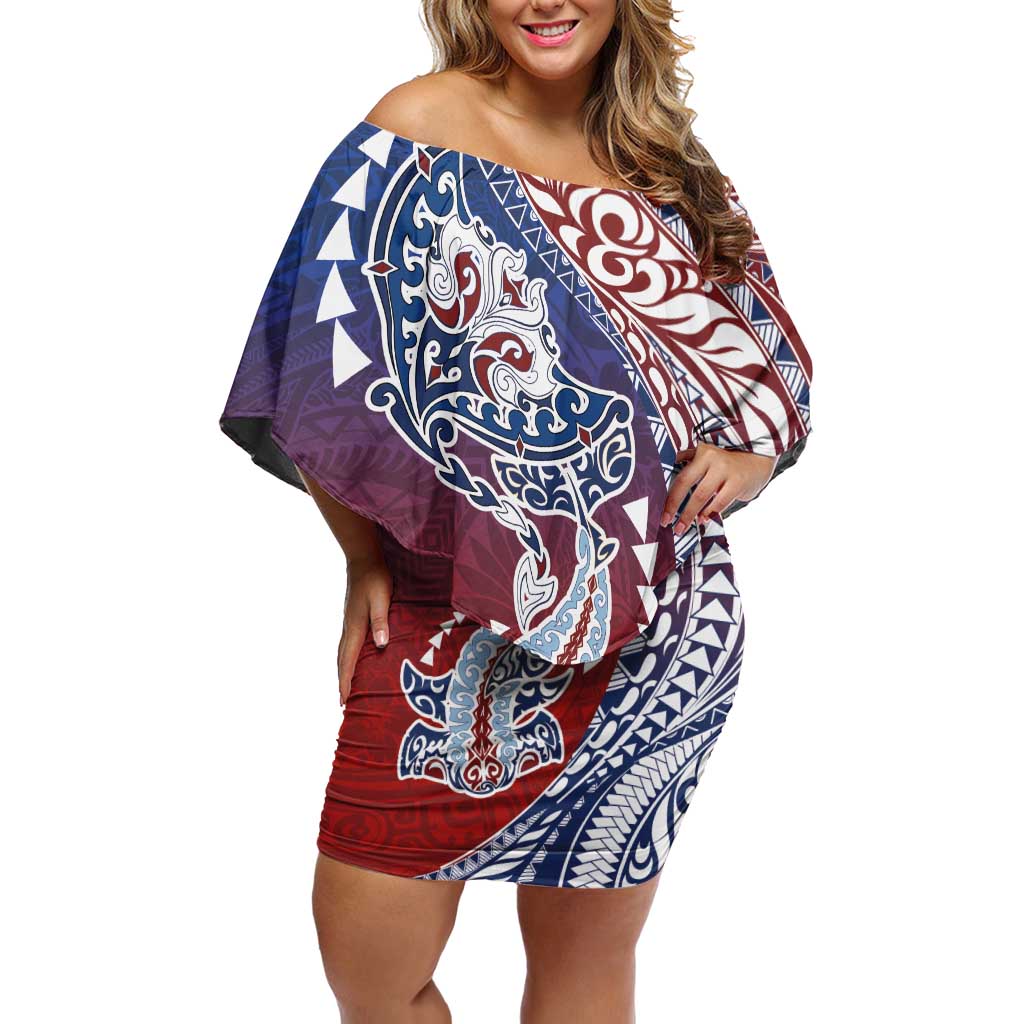Hawaiian Manta Ray and Hammerhead Shark Tribal Tattoo Family Matching Off Shoulder Short Dress and Hawaiian Shirt with Polynesian Tribal Pattern Hawaii Flag Color LT03 Mom's Dress Multicolor - Polynesian Pride