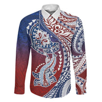 Hawaiian Manta Ray and Hammerhead Shark Tribal Tattoo Family Matching Short Sleeve Bodycon Dress and Hawaiian Shirt with Polynesian Tribal Pattern Hawaii Flag Color LT03 Dad's Shirt - Long Sleeve Multicolor - Polynesian Pride