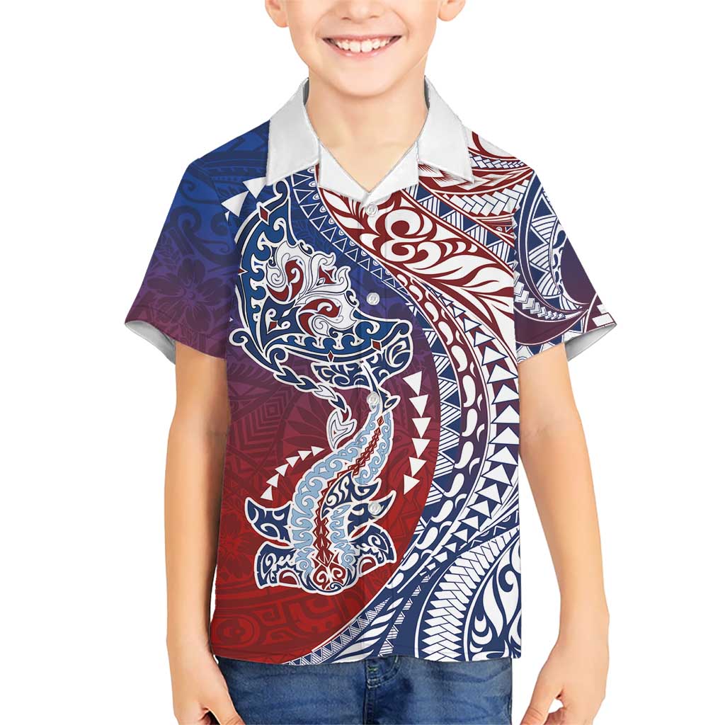 Hawaiian Manta Ray and Hammerhead Shark Tribal Tattoo Family Matching Short Sleeve Bodycon Dress and Hawaiian Shirt with Polynesian Tribal Pattern Hawaii Flag Color LT03 Son's Shirt Multicolor - Polynesian Pride