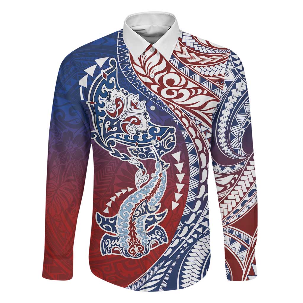 Hawaiian Manta Ray and Hammerhead Shark Tribal Tattoo Family Matching Summer Maxi Dress and Hawaiian Shirt with Polynesian Tribal Pattern Hawaii Flag Color LT03 Dad's Shirt - Long Sleeve Multicolor - Polynesian Pride