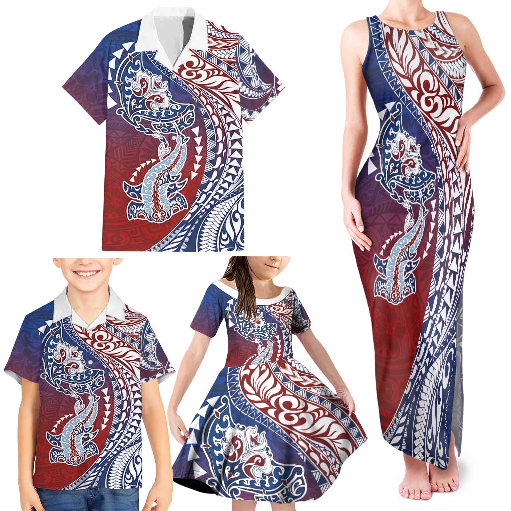Hawaiian Manta Ray and Hammerhead Shark Tribal Tattoo Family Matching Tank Maxi Dress and Hawaiian Shirt with Polynesian Tribal Pattern Hawaii Flag Color