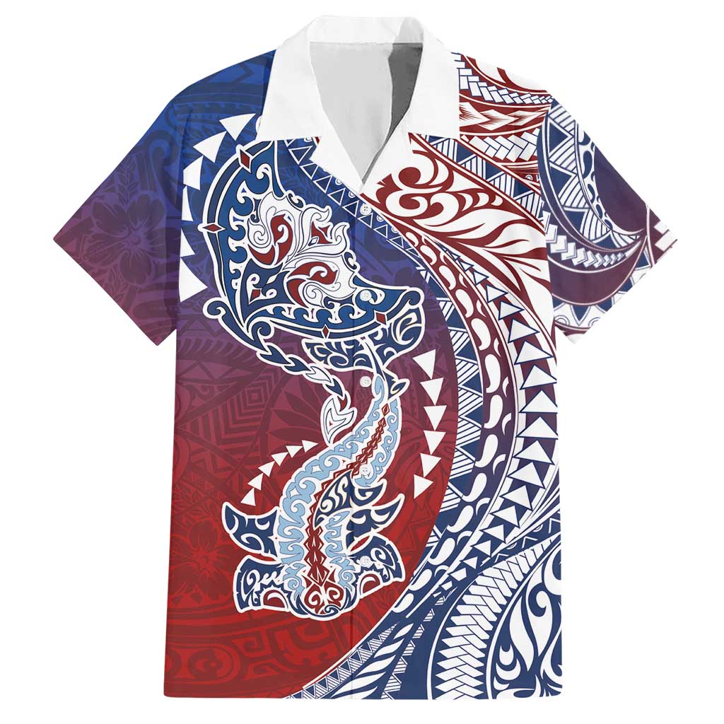 Hawaiian Manta Ray and Hammerhead Shark Tribal Tattoo Hawaiian Shirt with Polynesian Tribal Pattern Hawaii Flag Color LT03 Multicolor - Polynesian Pride