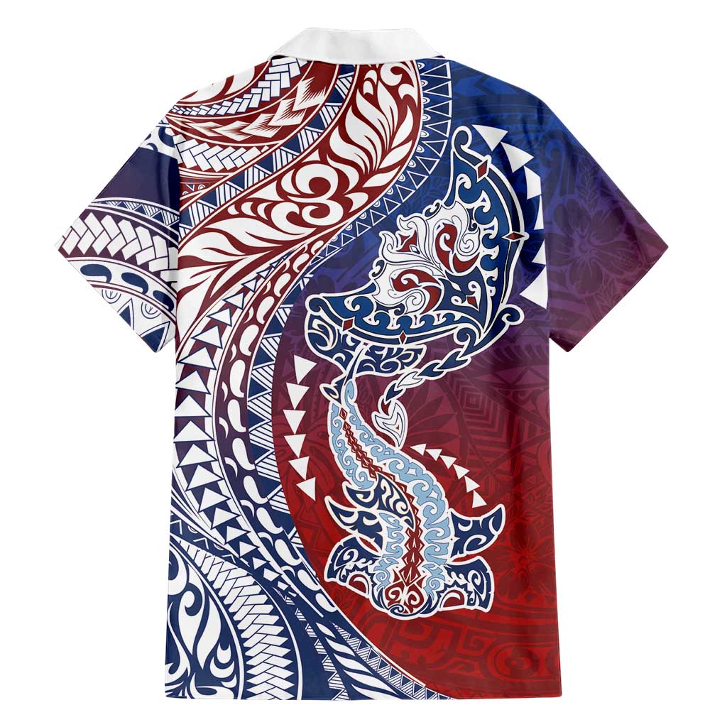 Hawaiian Manta Ray and Hammerhead Shark Tribal Tattoo Hawaiian Shirt with Polynesian Tribal Pattern Hawaii Flag Color LT03 - Polynesian Pride