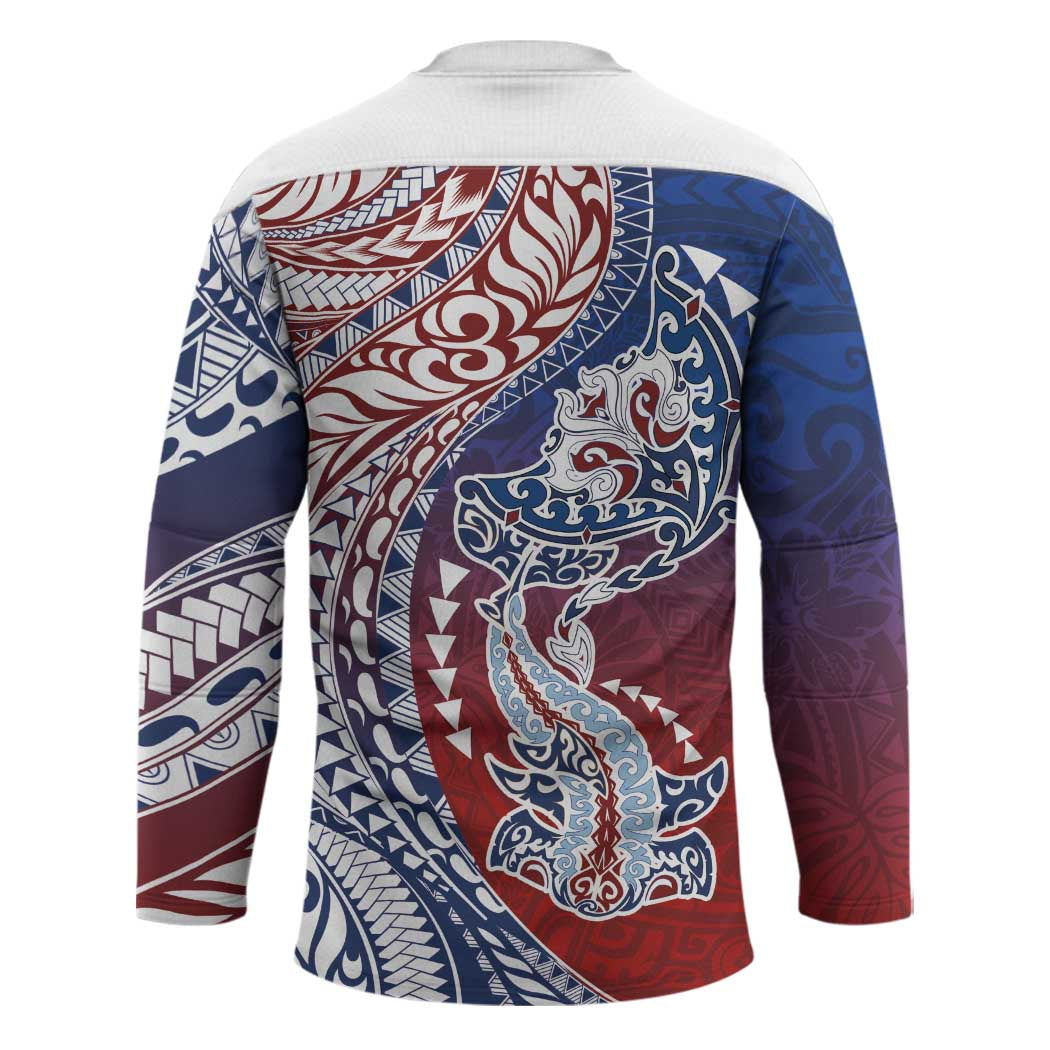 Hawaiian Manta Ray and Hammerhead Shark Tribal Tattoo Hockey Jersey with Polynesian Tribal Pattern Hawaii Flag Color LT03 - Polynesian Pride