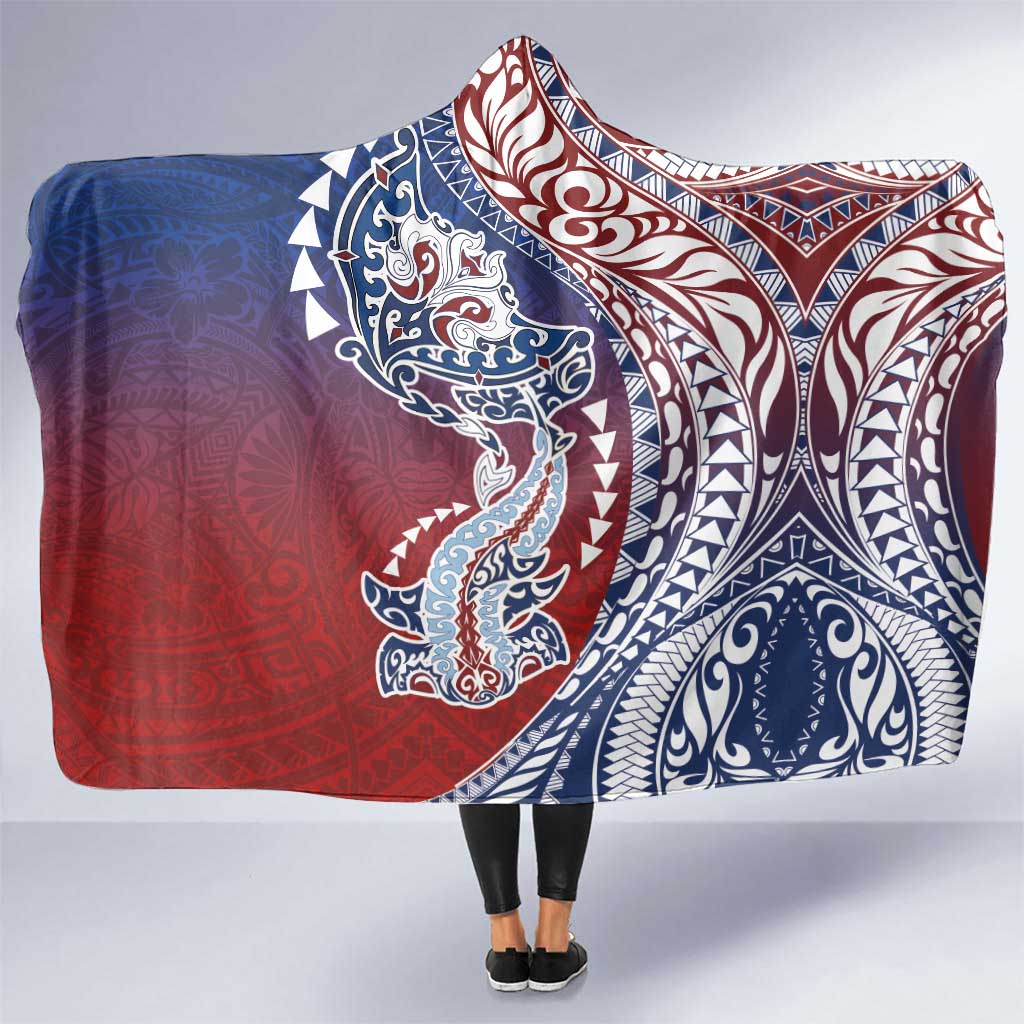 Hawaiian Manta Ray and Hammerhead Shark Tribal Tattoo Hooded Blanket with Polynesian Tribal Pattern Hawaii Flag Color