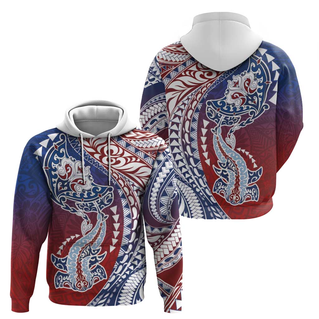 Hawaiian Manta Ray and Hammerhead Shark Tribal Tattoo Hoodie with Polynesian Tribal Pattern Hawaii Flag Color LT03 - Polynesian Pride