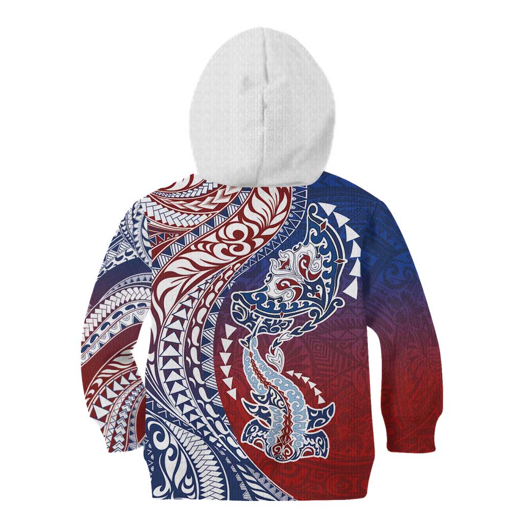 Hawaiian Manta Ray and Hammerhead Shark Tribal Tattoo Kid Hoodie with Polynesian Tribal Pattern Hawaii Flag Color LT03 - Polynesian Pride