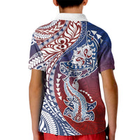 Hawaiian Manta Ray and Hammerhead Shark Tribal Tattoo Kid Polo Shirt with Polynesian Tribal Pattern Hawaii Flag Color LT03 - Polynesian Pride