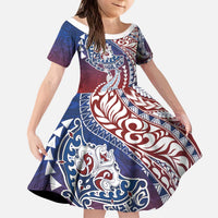 Hawaiian Manta Ray and Hammerhead Shark Tribal Tattoo Kid Short Sleeve Dress with Polynesian Tribal Pattern Hawaii Flag Color LT03 KID Multicolor - Polynesian Pride