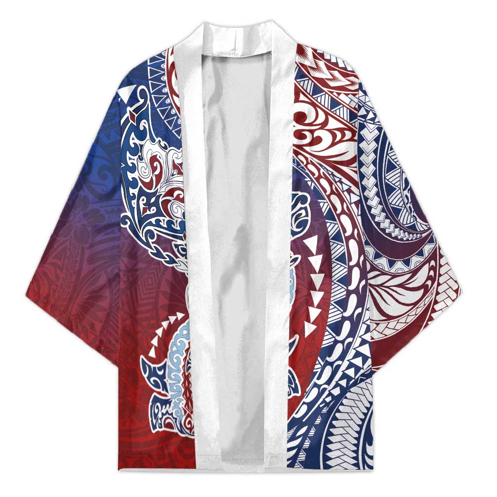 Hawaiian Manta Ray and Hammerhead Shark Tribal Tattoo Kimono with Polynesian Tribal Pattern Hawaii Flag Color LT03 Unisex Multicolor - Polynesian Pride
