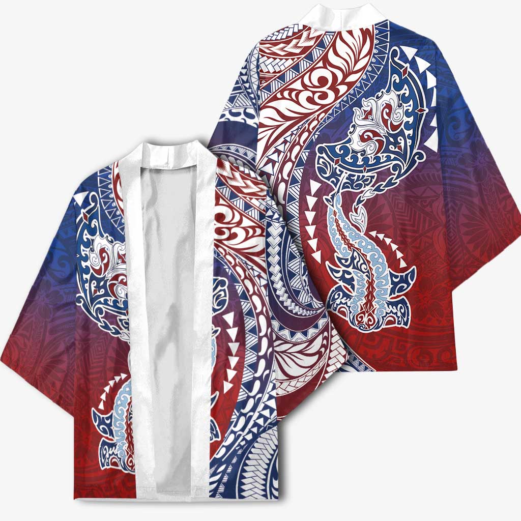 Hawaiian Manta Ray and Hammerhead Shark Tribal Tattoo Kimono with Polynesian Tribal Pattern Hawaii Flag Color LT03 - Polynesian Pride