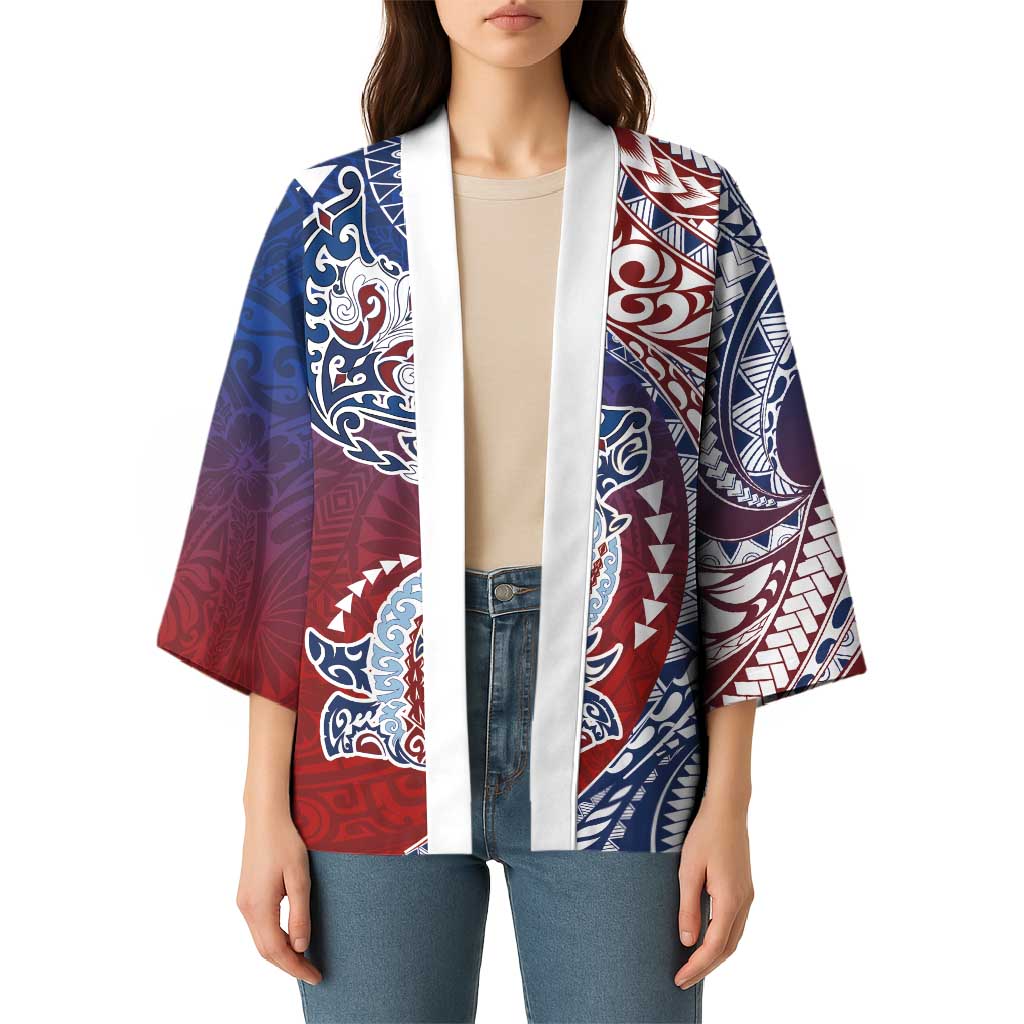 Hawaiian Manta Ray and Hammerhead Shark Tribal Tattoo Kimono with Polynesian Tribal Pattern Hawaii Flag Color LT03 - Polynesian Pride