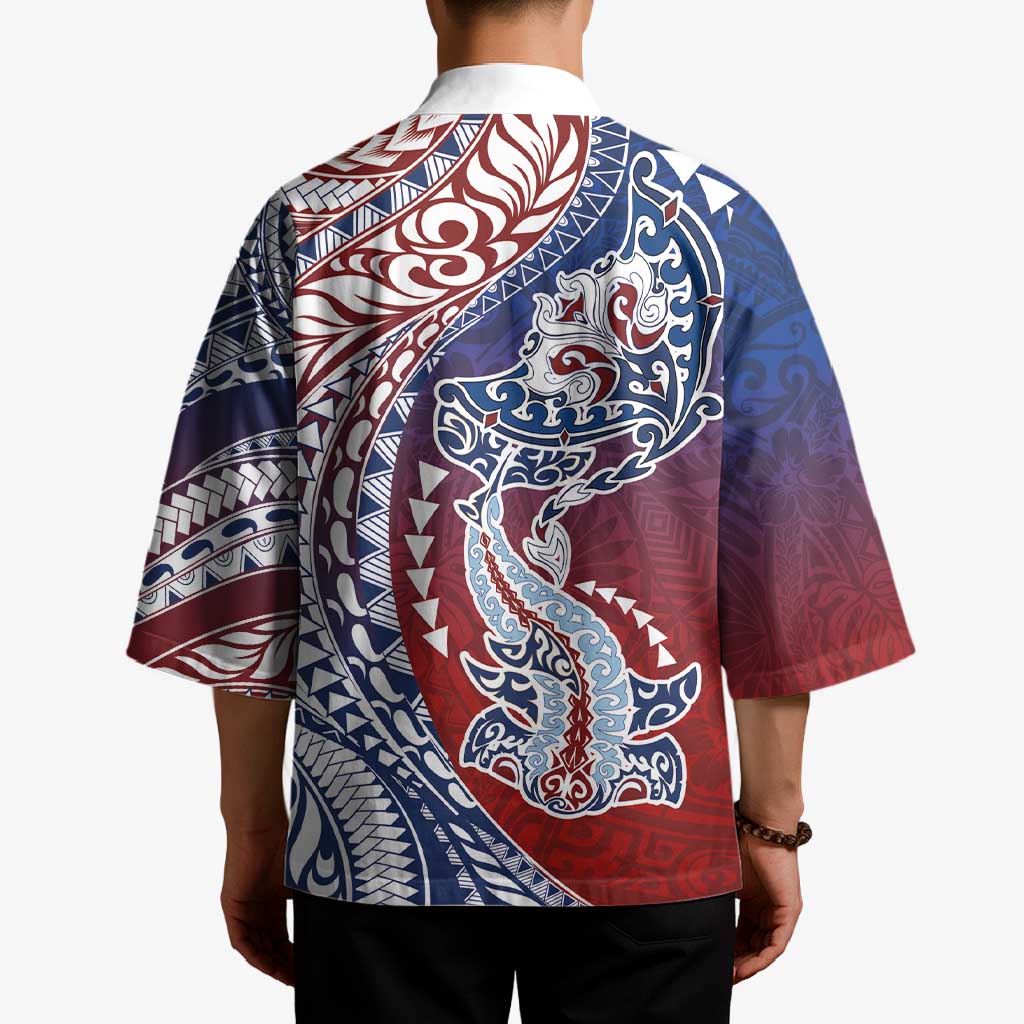 Hawaiian Manta Ray and Hammerhead Shark Tribal Tattoo Kimono with Polynesian Tribal Pattern Hawaii Flag Color LT03 - Polynesian Pride