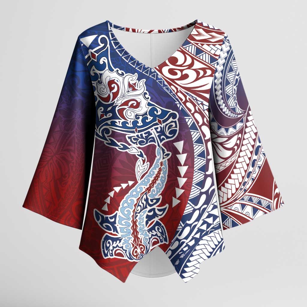Hawaiian Manta Ray and Hammerhead Shark Tribal Tattoo Kimono Sleeve Blouse with Polynesian Tribal Pattern Hawaii Flag Color