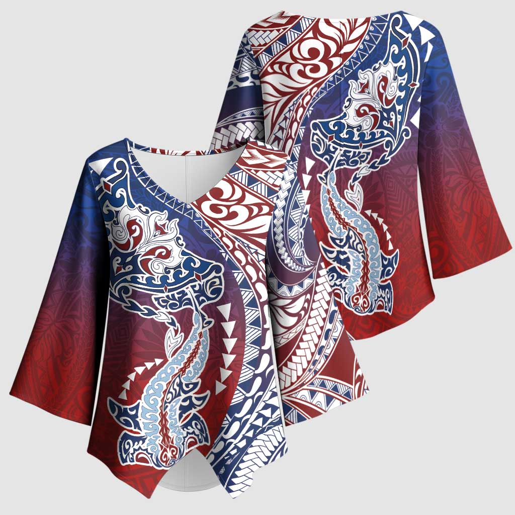 Hawaiian Manta Ray and Hammerhead Shark Tribal Tattoo Kimono Sleeve Blouse with Polynesian Tribal Pattern Hawaii Flag Color LT03 - Polynesian Pride
