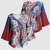 Hawaiian Manta Ray and Hammerhead Shark Tribal Tattoo Kimono Sleeve Blouse with Polynesian Tribal Pattern Hawaii Flag Color LT03 - Polynesian Pride