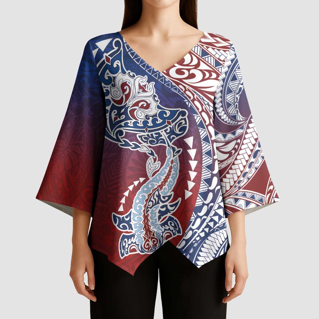 Hawaiian Manta Ray and Hammerhead Shark Tribal Tattoo Kimono Sleeve Blouse with Polynesian Tribal Pattern Hawaii Flag Color LT03 - Polynesian Pride