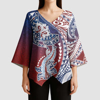 Hawaiian Manta Ray and Hammerhead Shark Tribal Tattoo Kimono Sleeve Blouse with Polynesian Tribal Pattern Hawaii Flag Color LT03 - Polynesian Pride