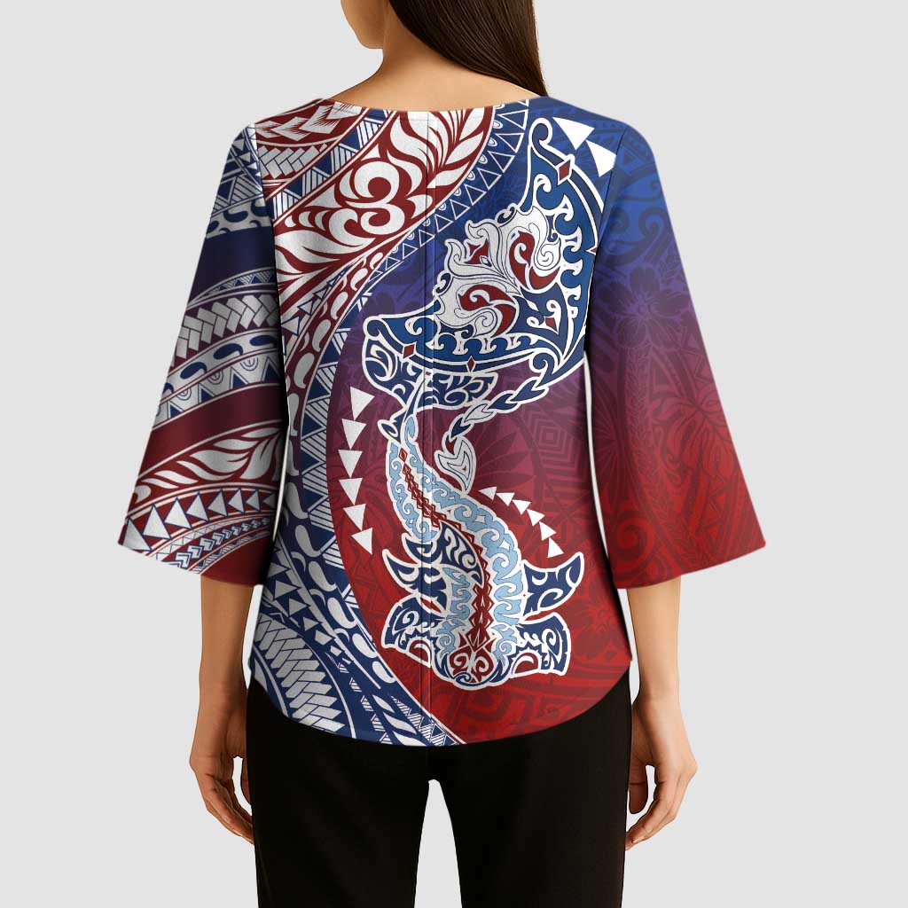Hawaiian Manta Ray and Hammerhead Shark Tribal Tattoo Kimono Sleeve Blouse with Polynesian Tribal Pattern Hawaii Flag Color LT03 - Polynesian Pride