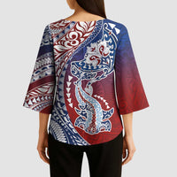 Hawaiian Manta Ray and Hammerhead Shark Tribal Tattoo Kimono Sleeve Blouse with Polynesian Tribal Pattern Hawaii Flag Color LT03 - Polynesian Pride
