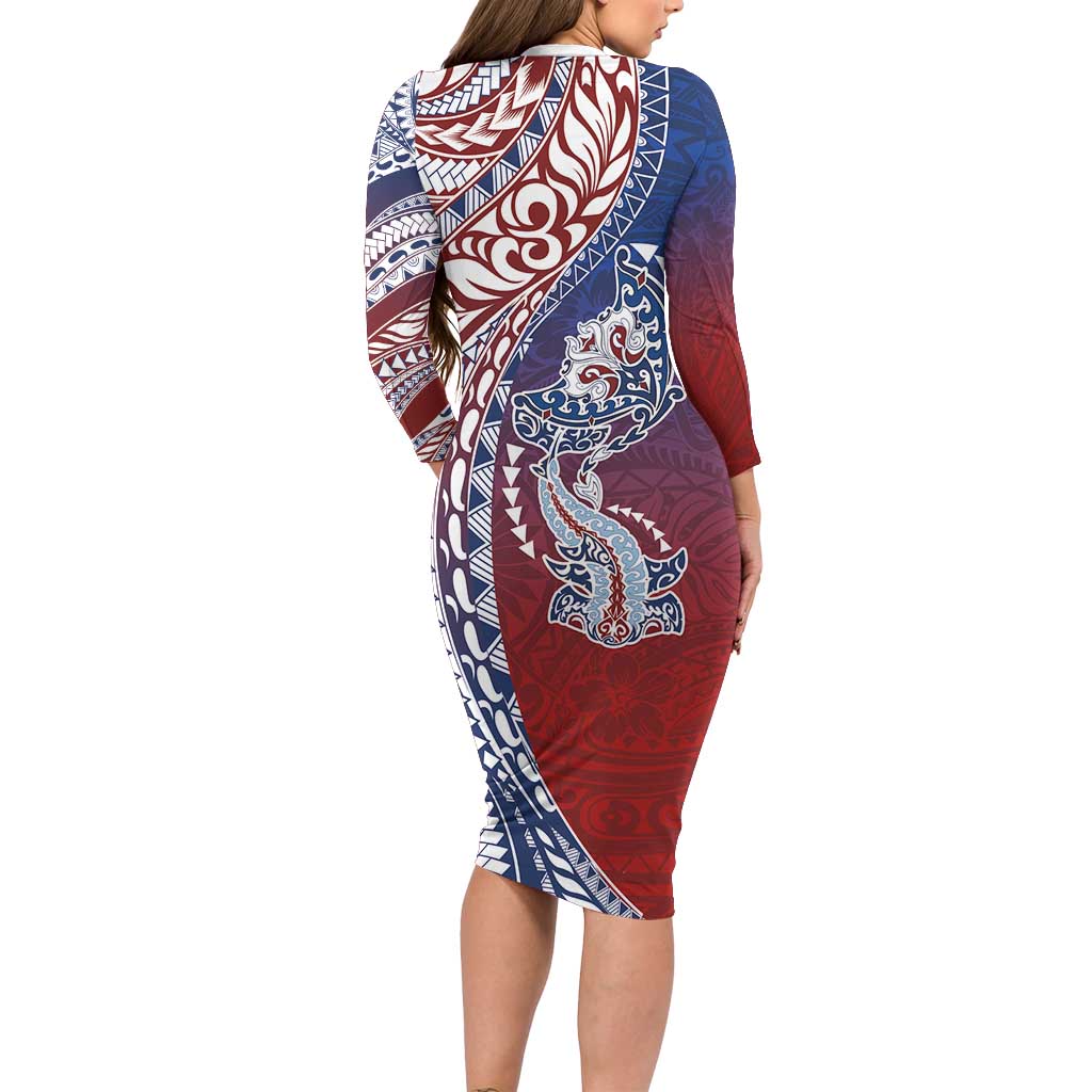 Hawaiian Manta Ray and Hammerhead Shark Tribal Tattoo Long Sleeve Bodycon Dress with Polynesian Tribal Pattern Hawaii Flag Color LT03 - Polynesian Pride