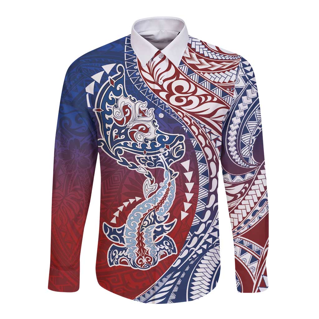 Hawaiian Manta Ray and Hammerhead Shark Tribal Tattoo Long Sleeve Button Shirt with Polynesian Tribal Pattern Hawaii Flag Color